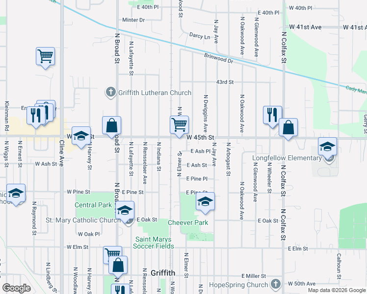 map of restaurants, bars, coffee shops, grocery stores, and more near 838 North Elmer Street in Griffith