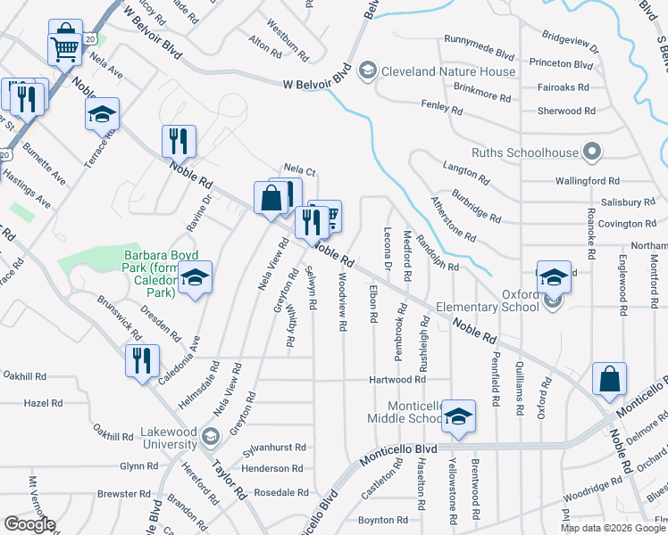 map of restaurants, bars, coffee shops, grocery stores, and more near 2230 Noble Road in Cleveland Heights