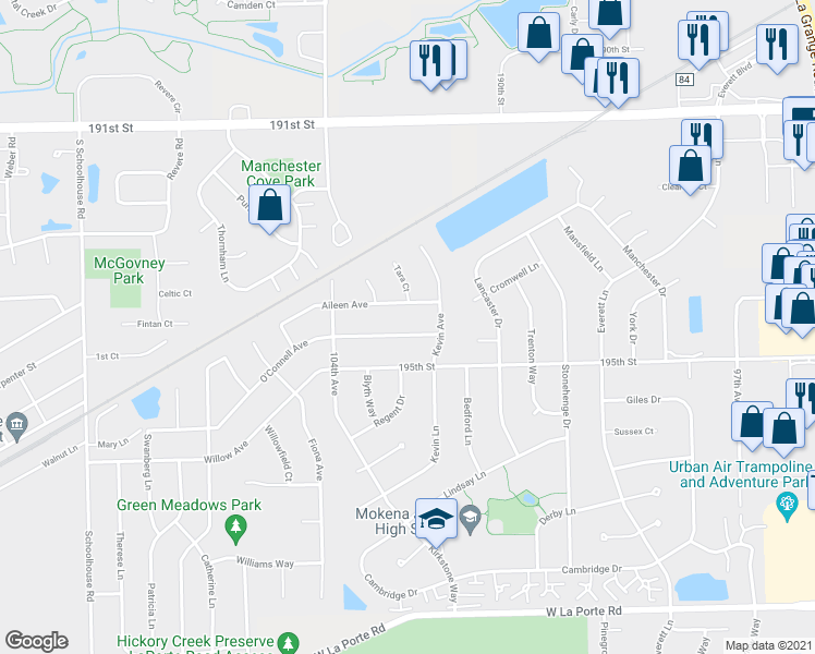 map of restaurants, bars, coffee shops, grocery stores, and more near 10248 O'Connell Avenue in Mokena