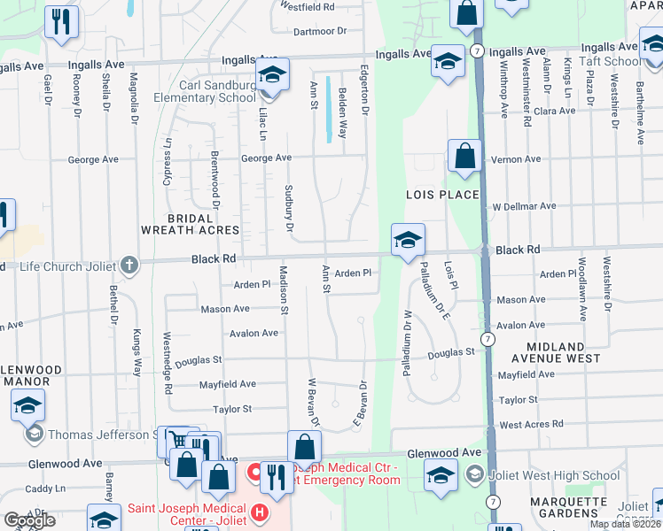map of restaurants, bars, coffee shops, grocery stores, and more near 2013 Arden Place in Joliet