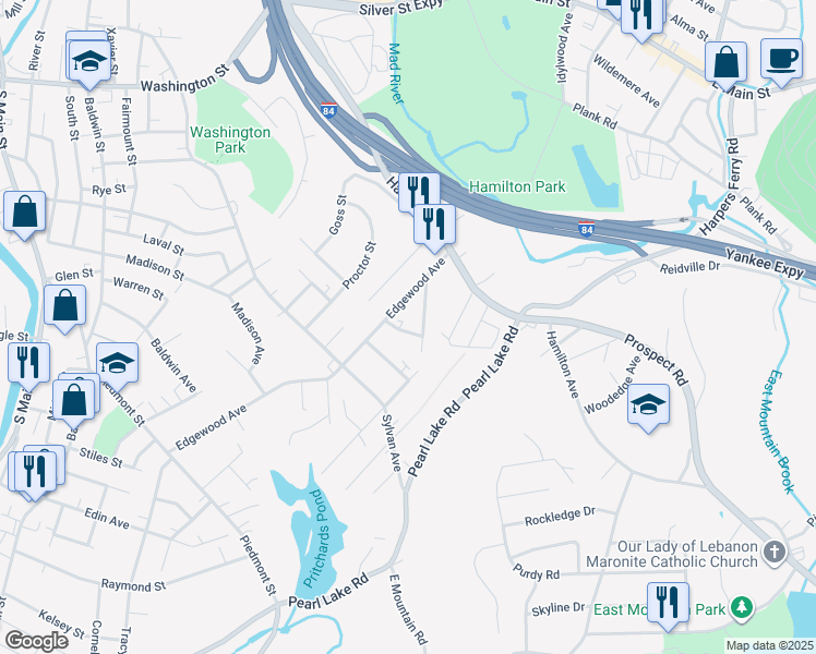 map of restaurants, bars, coffee shops, grocery stores, and more near 25 Emmett Court in Waterbury