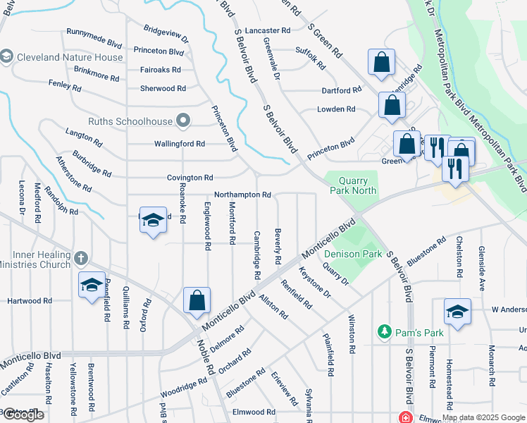 map of restaurants, bars, coffee shops, grocery stores, and more near 868 Cambridge Road in Cleveland Heights