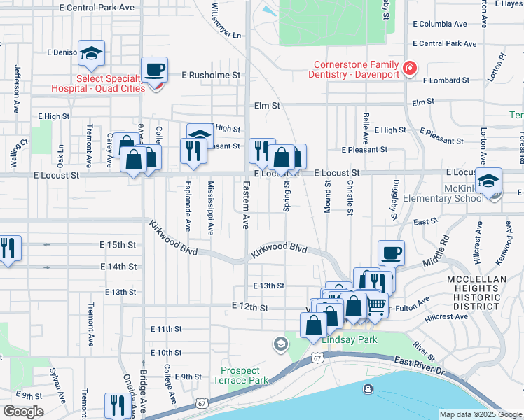 map of restaurants, bars, coffee shops, grocery stores, and more near 1724 East 16th Street in Davenport