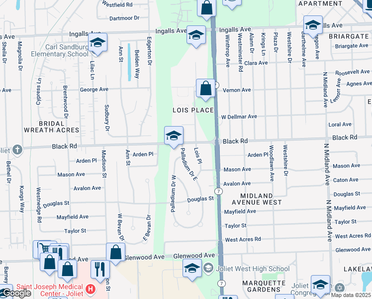 map of restaurants, bars, coffee shops, grocery stores, and more near 722 Palladium Drive East in Joliet