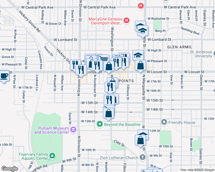 map of restaurants, bars, coffee shops, grocery stores, and more near 1509 West 17th Street in Davenport