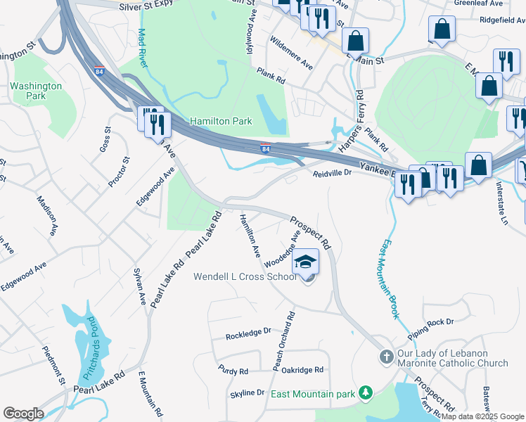 map of restaurants, bars, coffee shops, grocery stores, and more near 86 Calabro Avenue in Waterbury