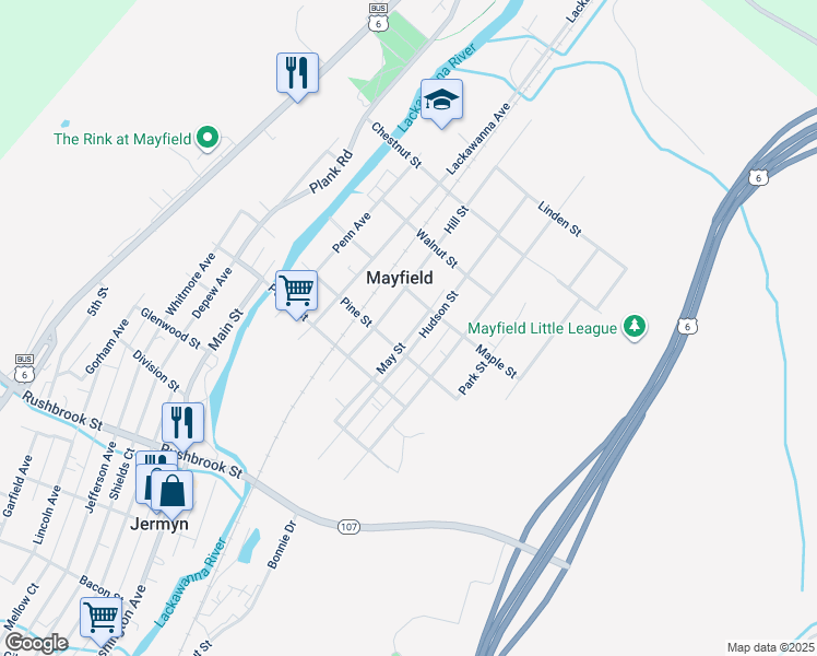 map of restaurants, bars, coffee shops, grocery stores, and more near 615 May Street in Mayfield