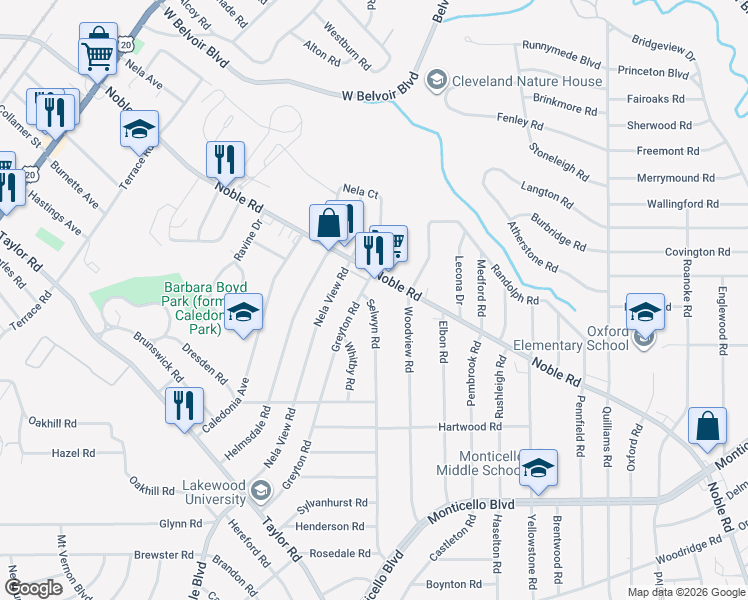 map of restaurants, bars, coffee shops, grocery stores, and more near 858 Selwyn Road in Cleveland Heights