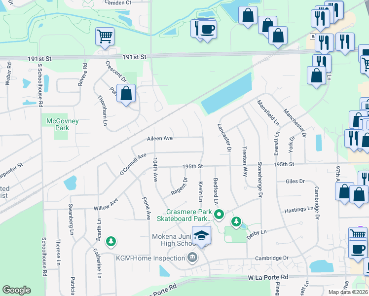 map of restaurants, bars, coffee shops, grocery stores, and more near 10248 O'Connell Avenue in Mokena