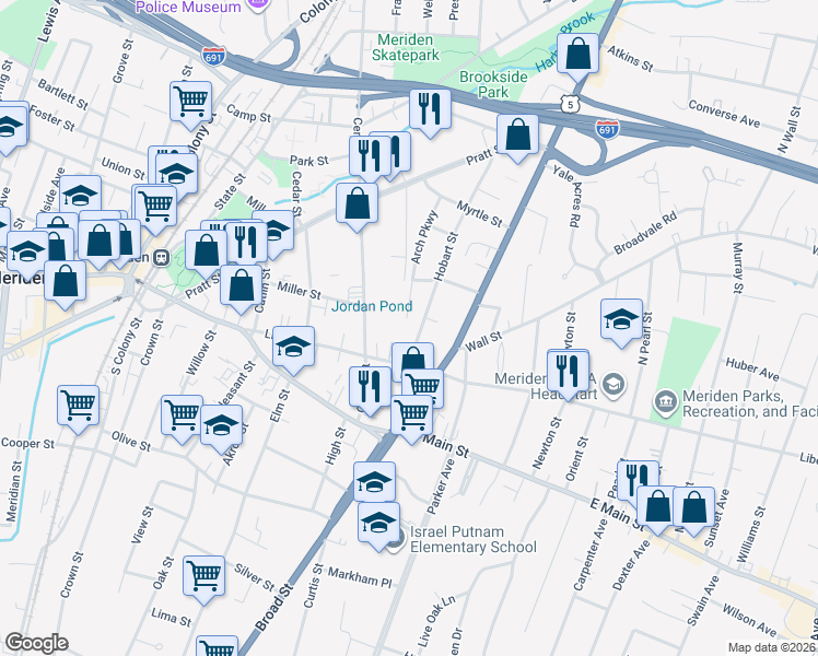 map of restaurants, bars, coffee shops, grocery stores, and more near 144 Arch Parkway in Meriden