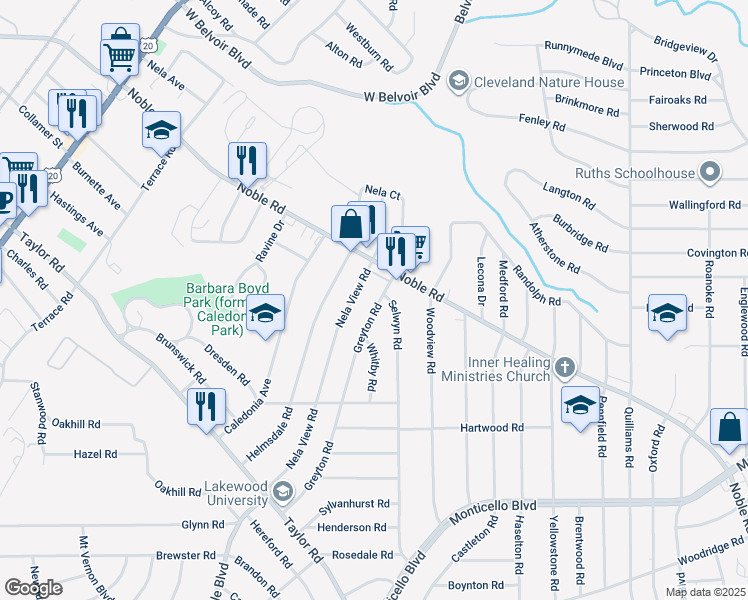 map of restaurants, bars, coffee shops, grocery stores, and more near 863 Nela View Road in Cleveland Heights