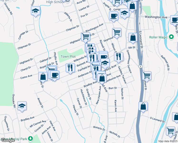 map of restaurants, bars, coffee shops, grocery stores, and more near 35 Anderson Avenue in Waterbury