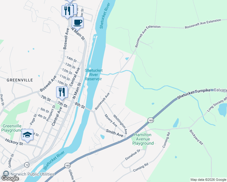 map of restaurants, bars, coffee shops, grocery stores, and more near 7 Higgins Street in Norwich