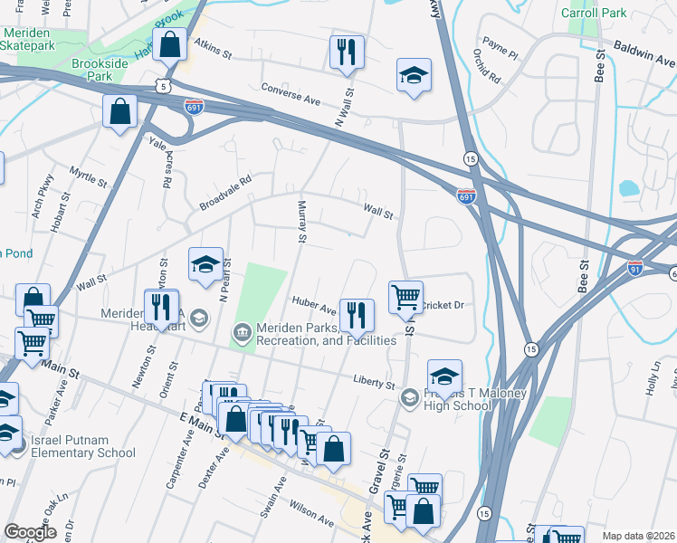 map of restaurants, bars, coffee shops, grocery stores, and more near 76 Genest Street in Meriden
