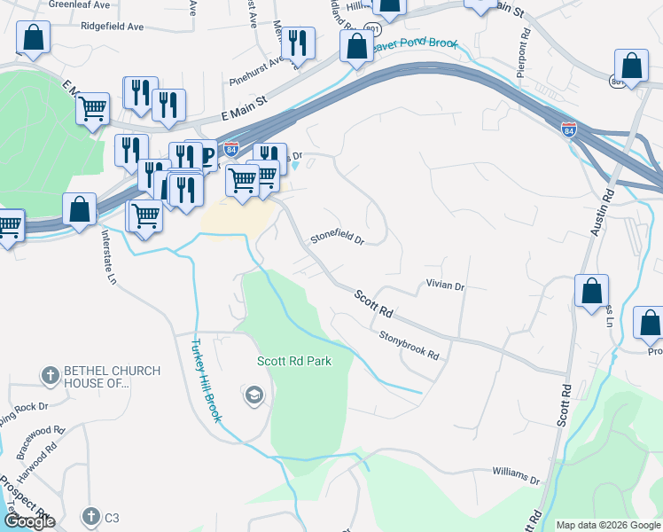 map of restaurants, bars, coffee shops, grocery stores, and more near 268 Scott Road in Waterbury