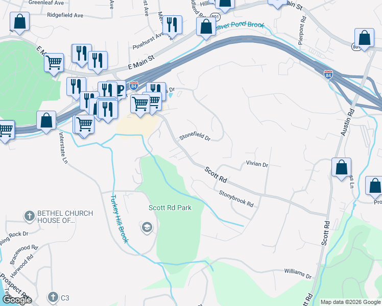 map of restaurants, bars, coffee shops, grocery stores, and more near 268 Scott Road in Waterbury