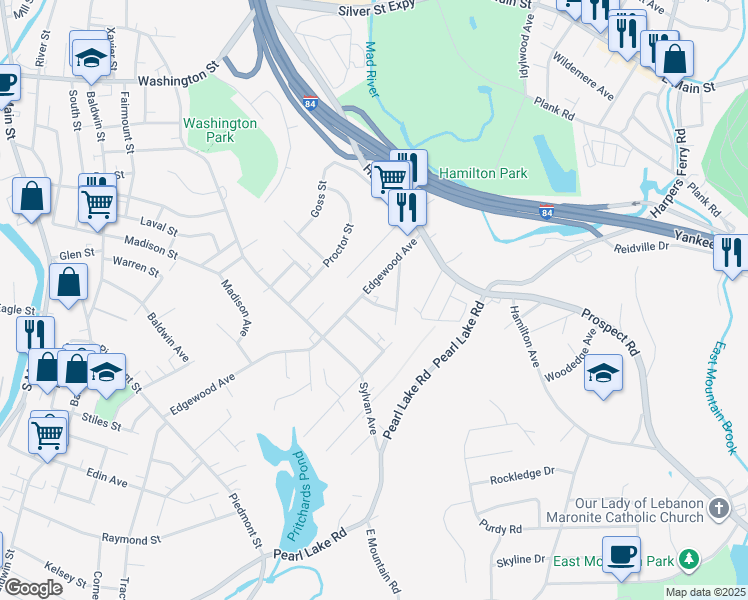 map of restaurants, bars, coffee shops, grocery stores, and more near 25 Emmett Court in Waterbury