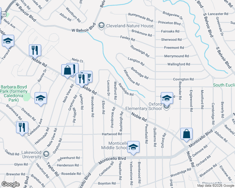 map of restaurants, bars, coffee shops, grocery stores, and more near 888 Medford Road in Cleveland Heights