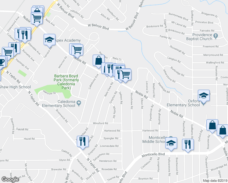 map of restaurants, bars, coffee shops, grocery stores, and more near 863 Nela View Road in Cleveland Heights
