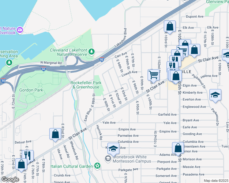 map of restaurants, bars, coffee shops, grocery stores, and more near 743 East 92nd Street in Cleveland