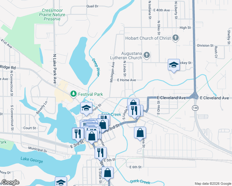 map of restaurants, bars, coffee shops, grocery stores, and more near 600 E Cleveland Ave in Hobart