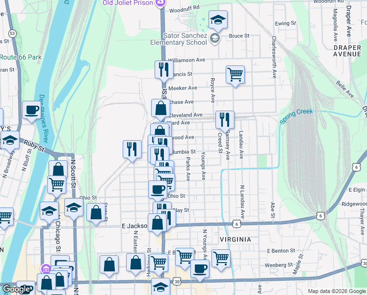 map of restaurants, bars, coffee shops, grocery stores, and more near 423 Columbia Street in Joliet