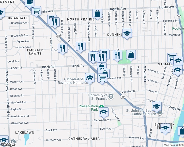 map of restaurants, bars, coffee shops, grocery stores, and more near 710 North Raynor Avenue in Joliet