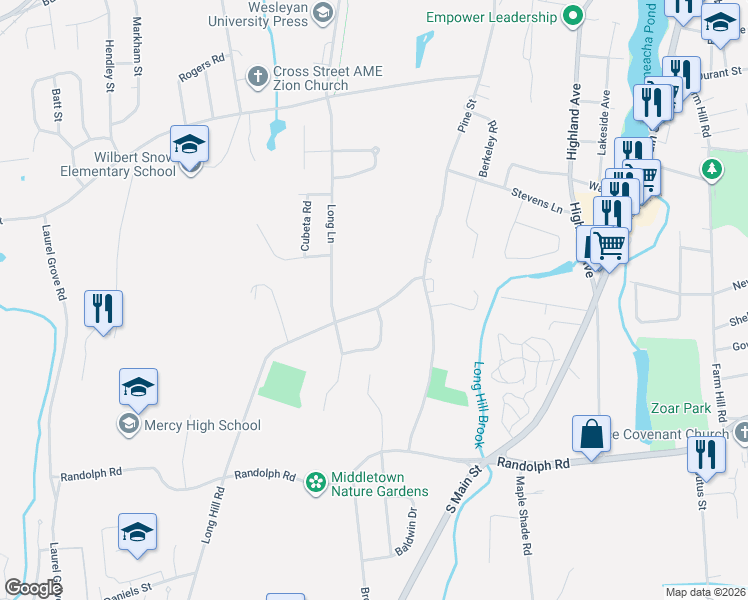map of restaurants, bars, coffee shops, grocery stores, and more near 115 Long Hill Road in Middletown