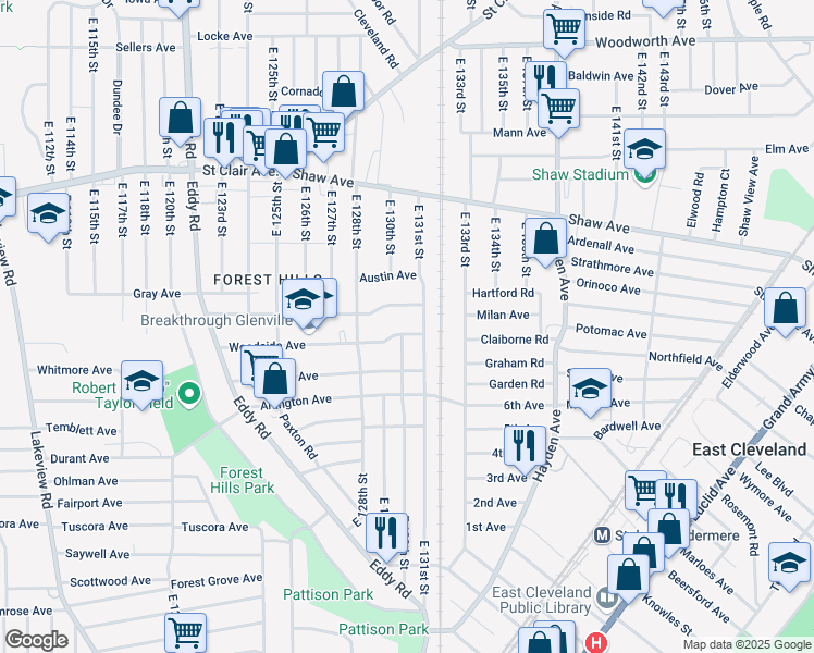 map of restaurants, bars, coffee shops, grocery stores, and more near 13003 Woodside Avenue in Cleveland