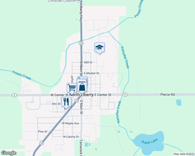 map of restaurants, bars, coffee shops, grocery stores, and more near 203 South Washington Street in North Liberty