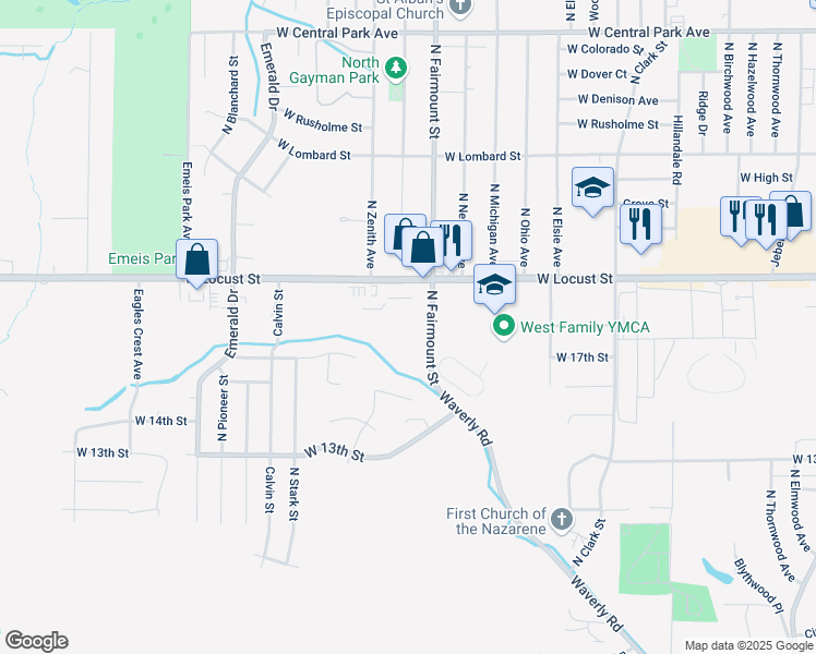 map of restaurants, bars, coffee shops, grocery stores, and more near 3705 West Locust Street in Davenport