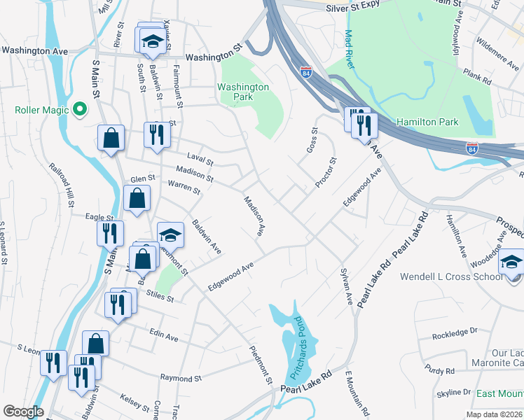 map of restaurants, bars, coffee shops, grocery stores, and more near 43 Madison Avenue in Waterbury