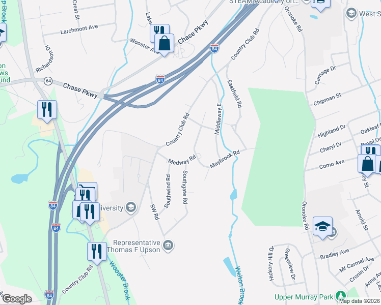 map of restaurants, bars, coffee shops, grocery stores, and more near 359 Maybrook Road in Waterbury