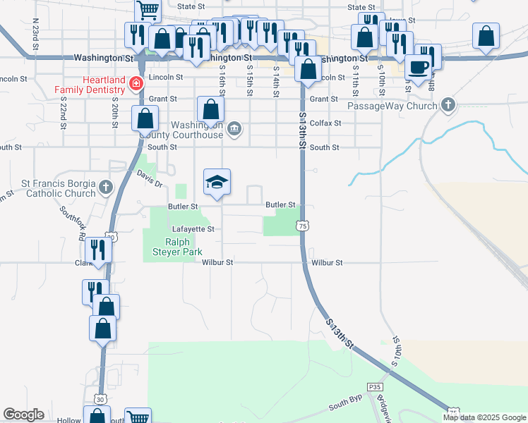 map of restaurants, bars, coffee shops, grocery stores, and more near 1433 Butler Street in Blair