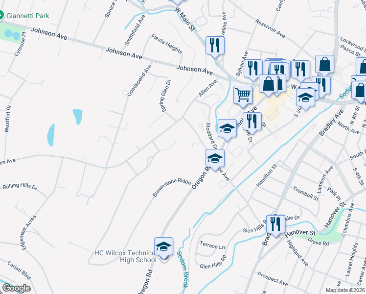 map of restaurants, bars, coffee shops, grocery stores, and more near 10 Brownstone Ridge in Meriden