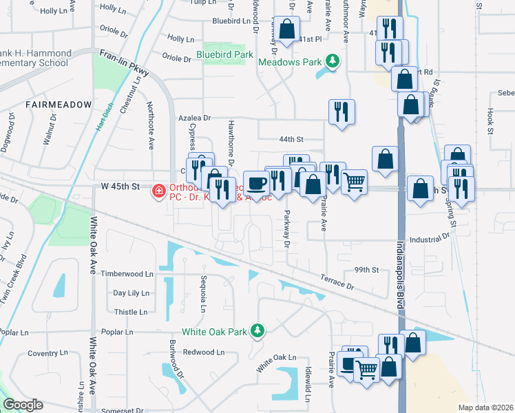 map of restaurants, bars, coffee shops, grocery stores, and more near 2004 45th Street in Highland
