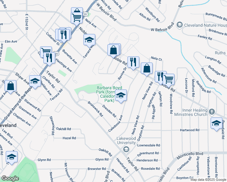 map of restaurants, bars, coffee shops, grocery stores, and more near 892 Ravine Drive in Cleveland Heights