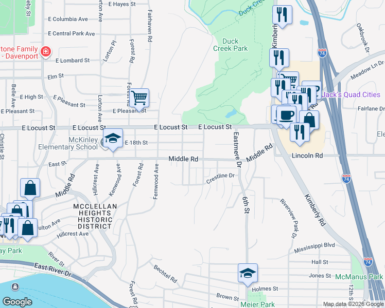 map of restaurants, bars, coffee shops, grocery stores, and more near 3026 Middle Road in Davenport