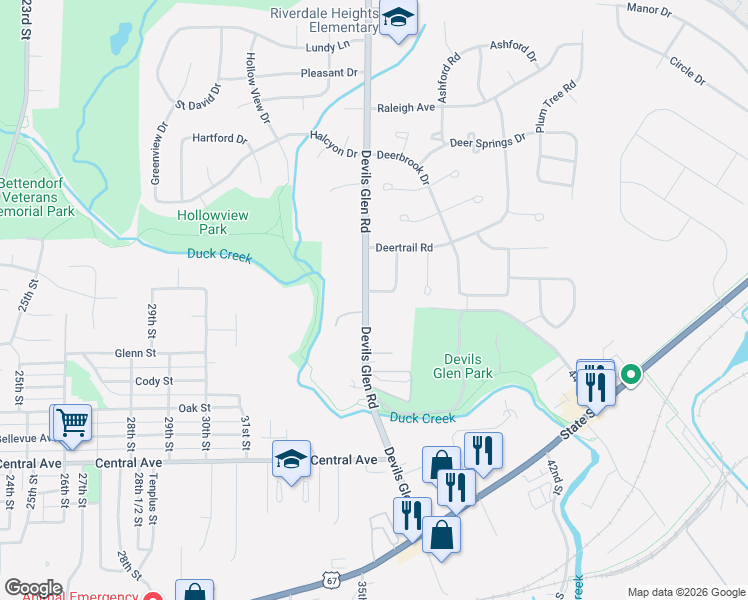 map of restaurants, bars, coffee shops, grocery stores, and more near 1311 Devils Glen Road in Bettendorf