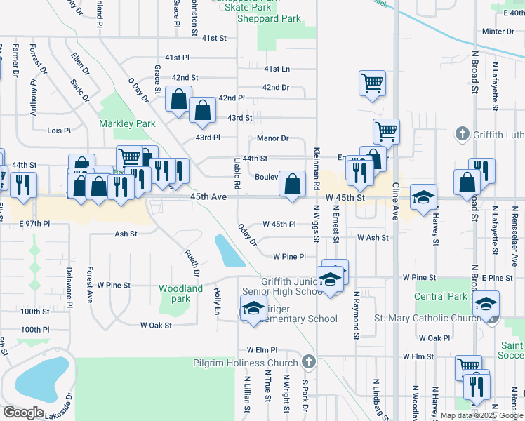 map of restaurants, bars, coffee shops, grocery stores, and more near 935 West Glen Park Avenue in Griffith