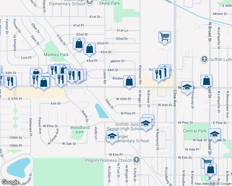 map of restaurants, bars, coffee shops, grocery stores, and more near 935 West Glen Park Avenue in Griffith