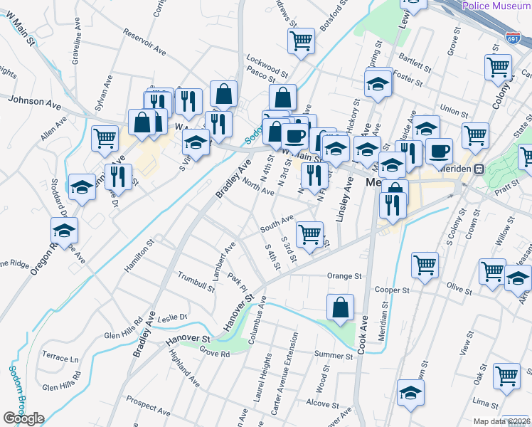 map of restaurants, bars, coffee shops, grocery stores, and more near 122 4th Street in Meriden