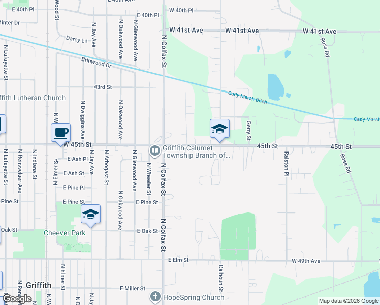 map of restaurants, bars, coffee shops, grocery stores, and more near 6001 West 45th Street in Gary