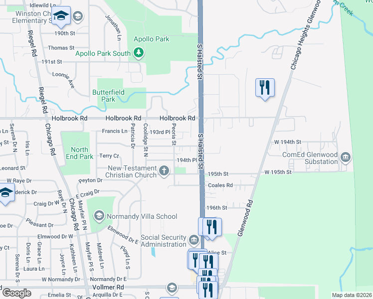 map of restaurants, bars, coffee shops, grocery stores, and more near 822 194th Place in Chicago Heights