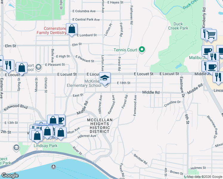 map of restaurants, bars, coffee shops, grocery stores, and more near 2706 Middle Road in Davenport