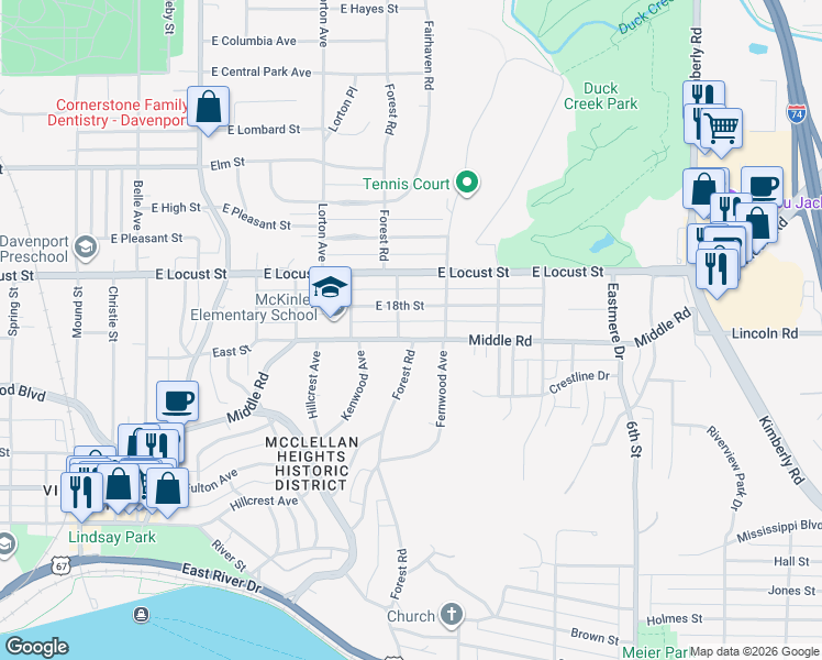 map of restaurants, bars, coffee shops, grocery stores, and more near 2800-2802 Middle Road in Davenport