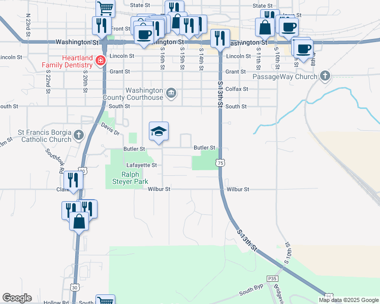 map of restaurants, bars, coffee shops, grocery stores, and more near 1433 Butler Street in Blair