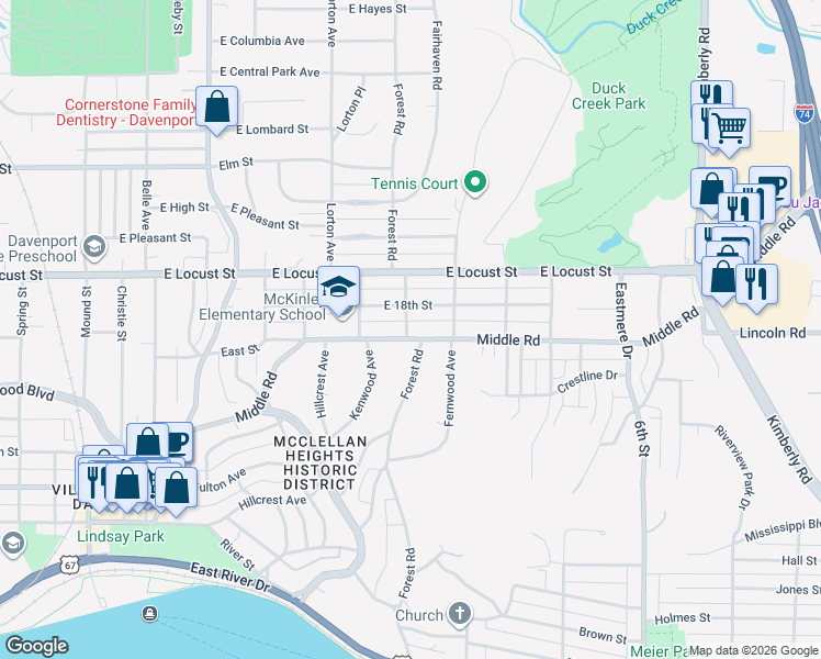 map of restaurants, bars, coffee shops, grocery stores, and more near 2802 Middle Road in Davenport