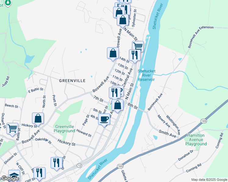 map of restaurants, bars, coffee shops, grocery stores, and more near Prospect Street & 9th Street in Norwich