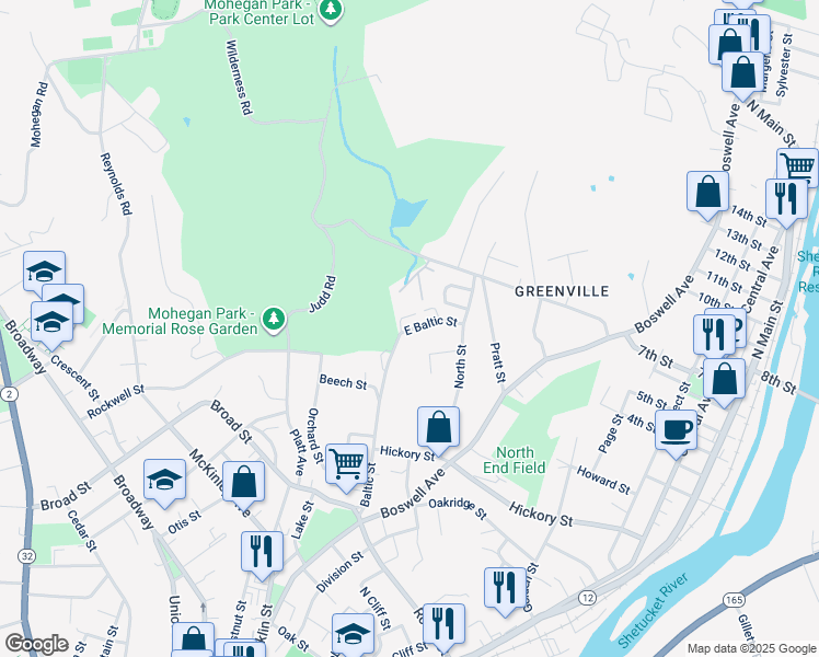 map of restaurants, bars, coffee shops, grocery stores, and more near 20 East Baltic Street in Norwich